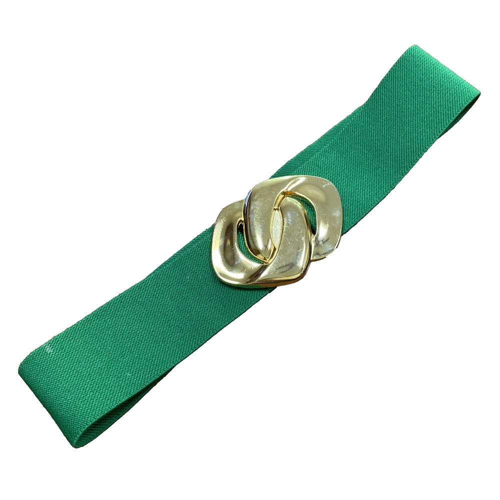 Vintage Bright Green Stretch Belt with Massive Gold Metal Chain Link Buckle 80s